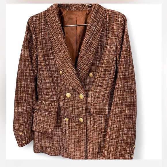 Jackets & Blazers - Double-Breasted Brown Tweed Blazer Jacket
